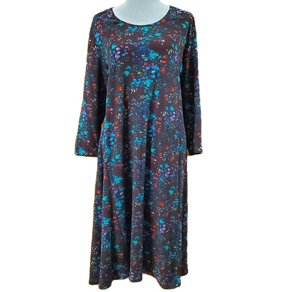 Garnet Hill Seamed Knit Trapeze Dress Dark Floral Women's Sz L Prairiecore Boho
